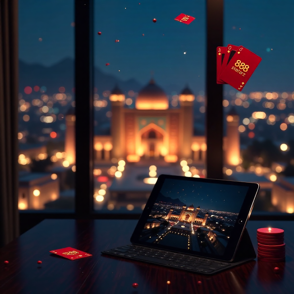 Luxury modern interior in a Samarkand penthouse overlooking the illuminated Registan Square at night through panoramic windows, 888starz official branding on a tablet screen, 3D golden multipliers and red playing cards floating in the air, sophisticated a